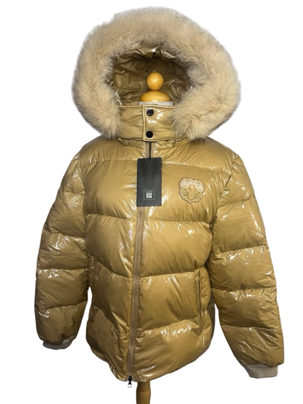 Women's Tan Glossy Puffer Jacket with Faux Fur Hood XL